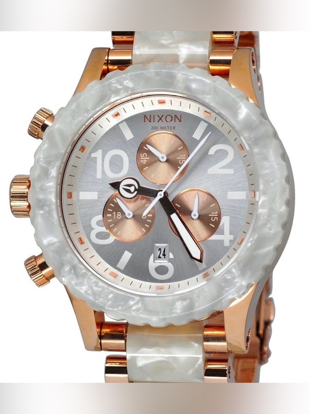 Nixon Rose Gold Chronograph Watch with Pearl White Granite Bezel